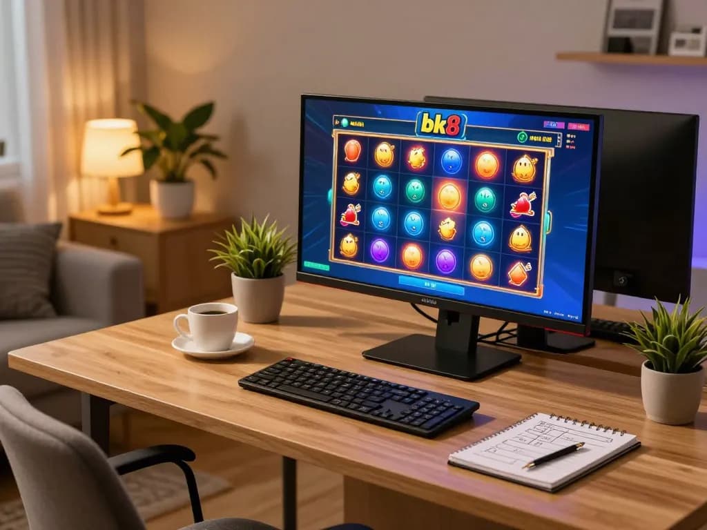 Engaging player enjoying a bk8 slot game on a vibrant home gaming setup with strategic notes