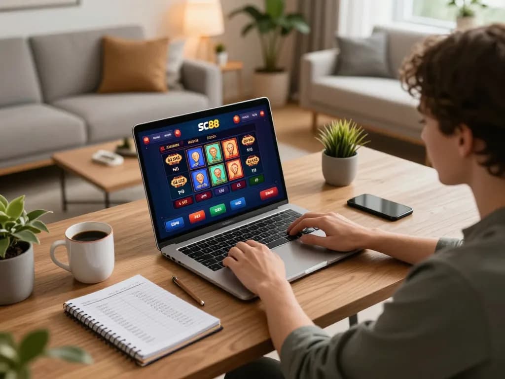 Engaging in online betting at nhà cái SC88, showcasing a comfortable home setup with strategic notes.