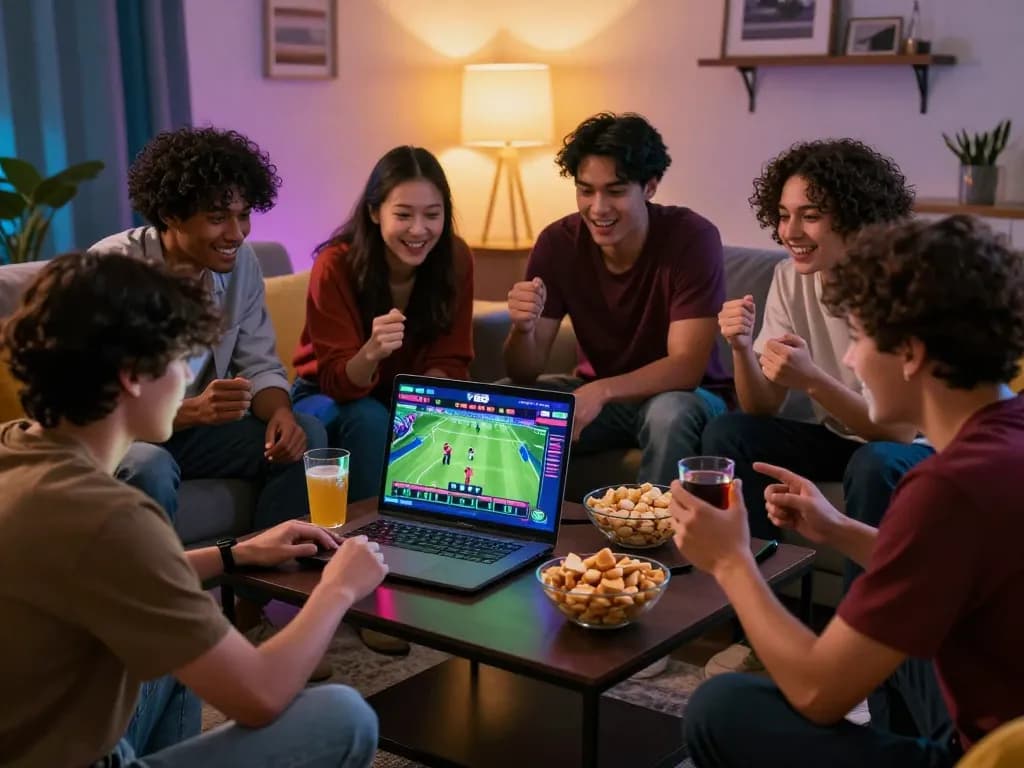 Engaging friends enjoying sports betting on tv88 nhà cái platform in a cozy living room.
