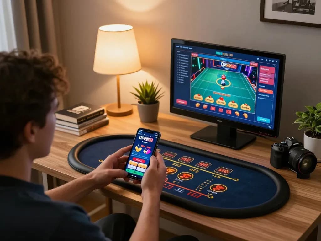 Engaging with OPEN88 casino app on smartphone in a cozy home gaming setup