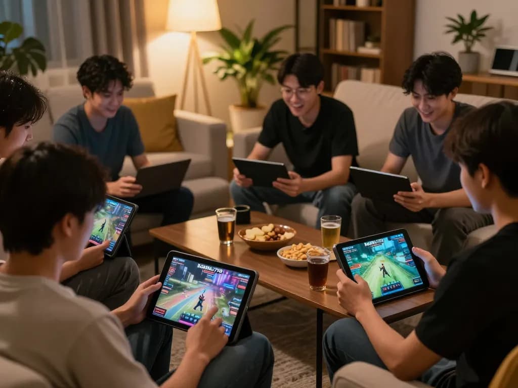 KADAL778 players enjoying a home gaming session with online casino on tablets, cozy atmosphere and snacks visible