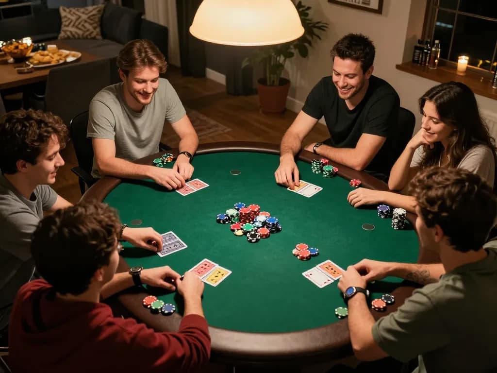 Friends enjoying a poker night with chips and cards while playing online on 789bet.