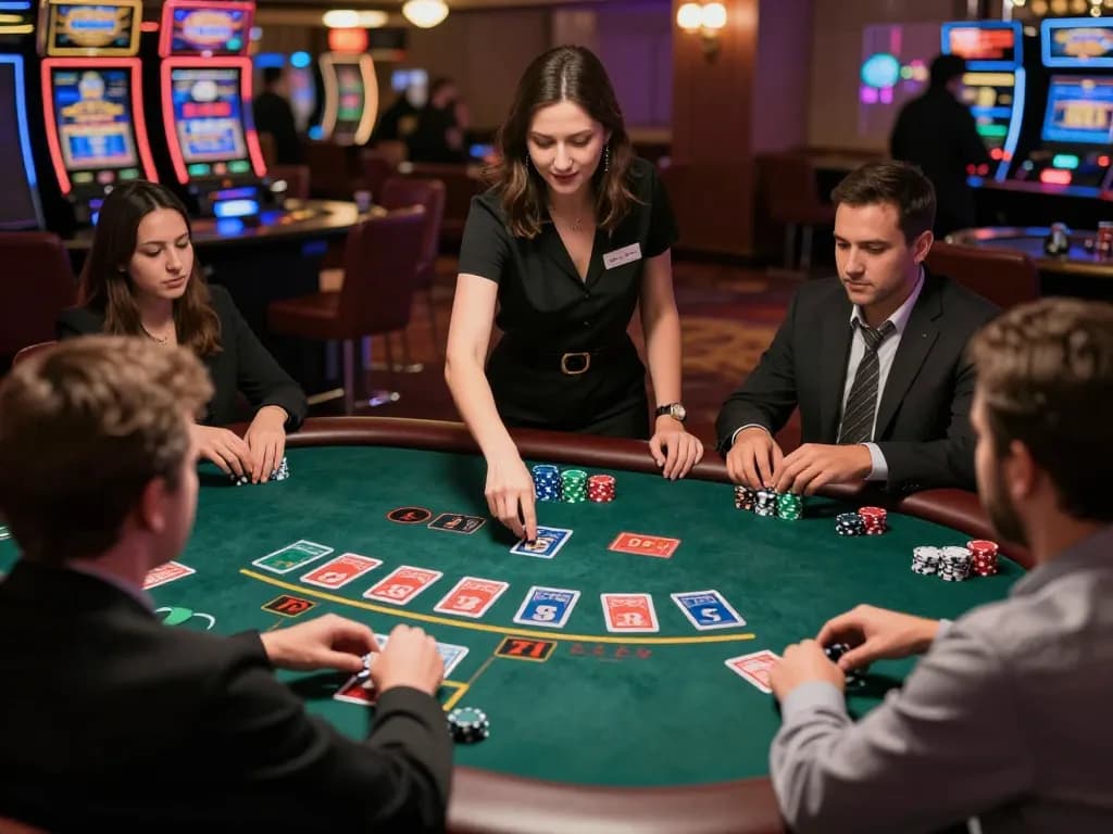 Engaging in blackjack gameplay at kdslot, with players placing bets and friendly dealer interacting.