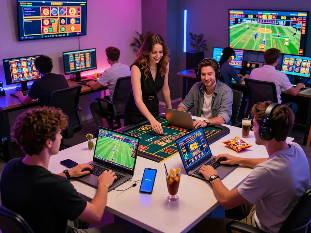Engaging scene of players at 88aa nhà cái online casino, enjoying sports betting and live dealer games in a vibrant, modern home office environment.