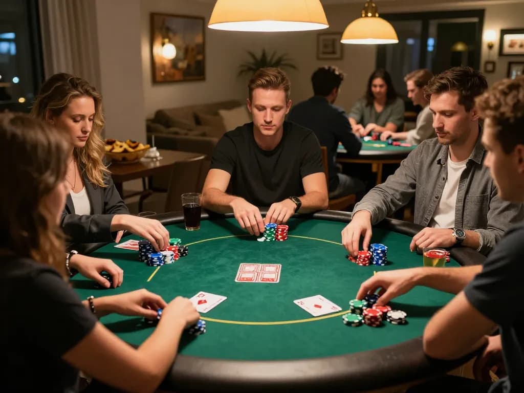 Friends enjoying an exciting poker game night at home with vipwin themed cards and chips.