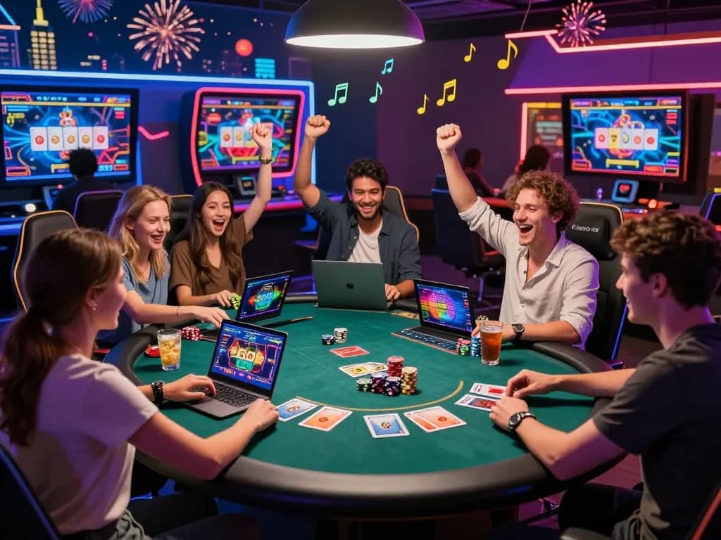 Friends celebrating a win at fabetz88.com virtual poker table with colorful cards and chips.