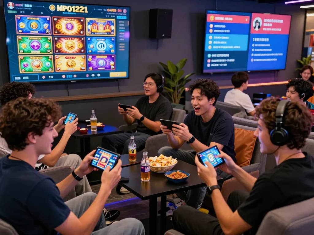 Platform permainan MPO1221 di lingkungan lounge yang energik dengan pemain yang terlibat dan grafis permainan yang vibrant.