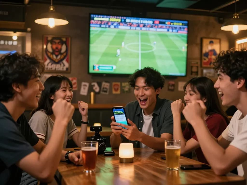 Excited sports fan checking kèo bóng đá trực tuyến hôm nay on smartphone during live match, vibrant atmosphere.