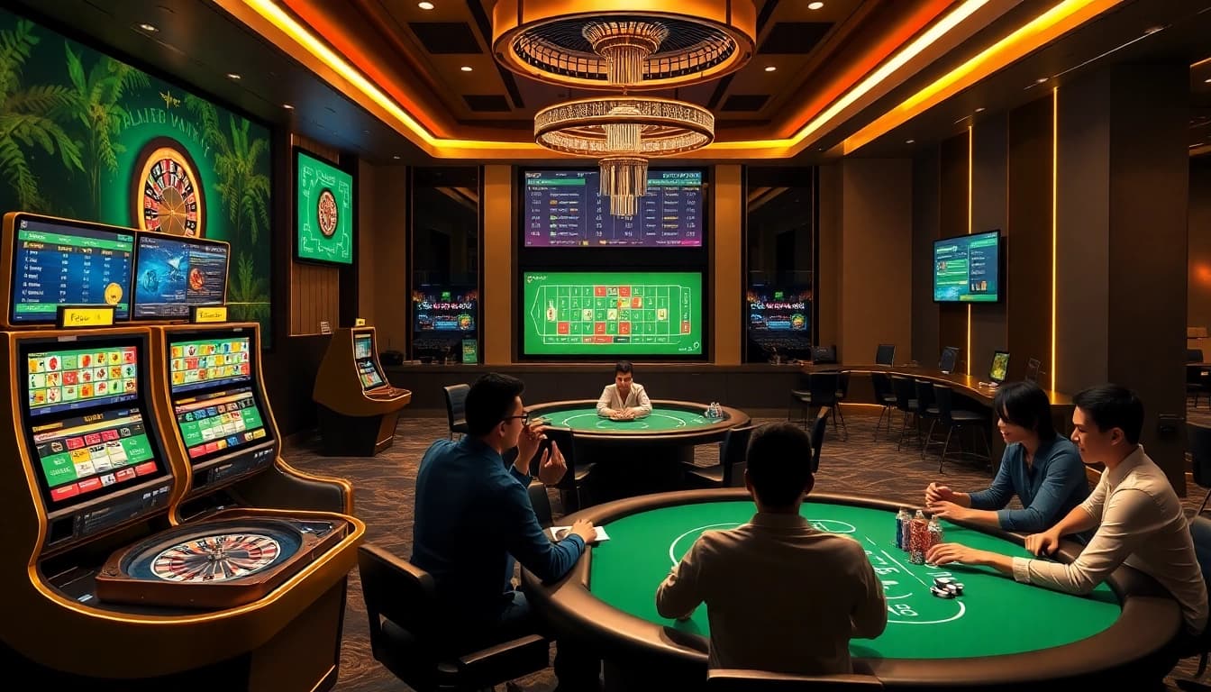 Experience the thrill of online gambling with the ta88 link, showcasing luxurious tables and excited players.