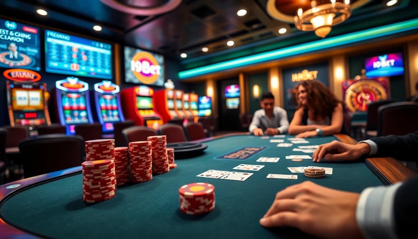 Engaging players at the i9bet poker table, showcasing chips and cards in a dynamic casino scene.