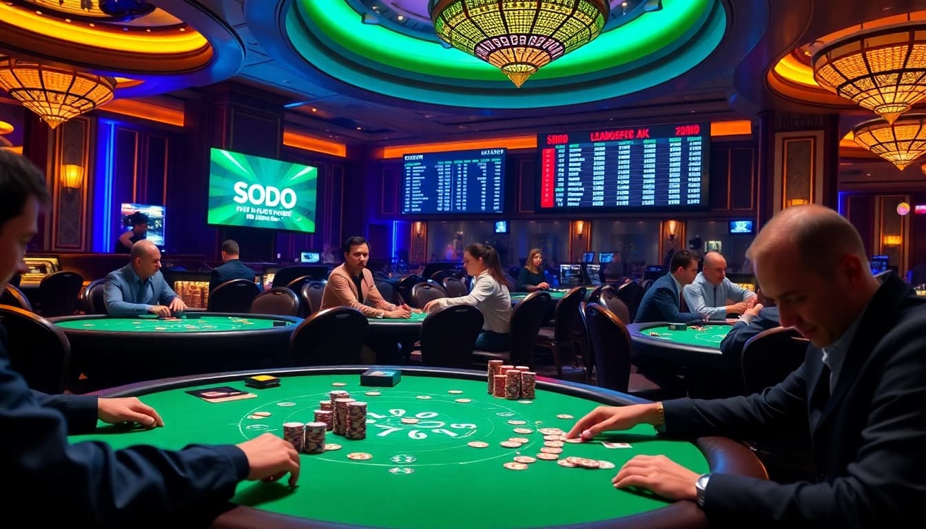 Engage in exciting gameplay at SODO poker tables with vibrant chips and strategic moves.
