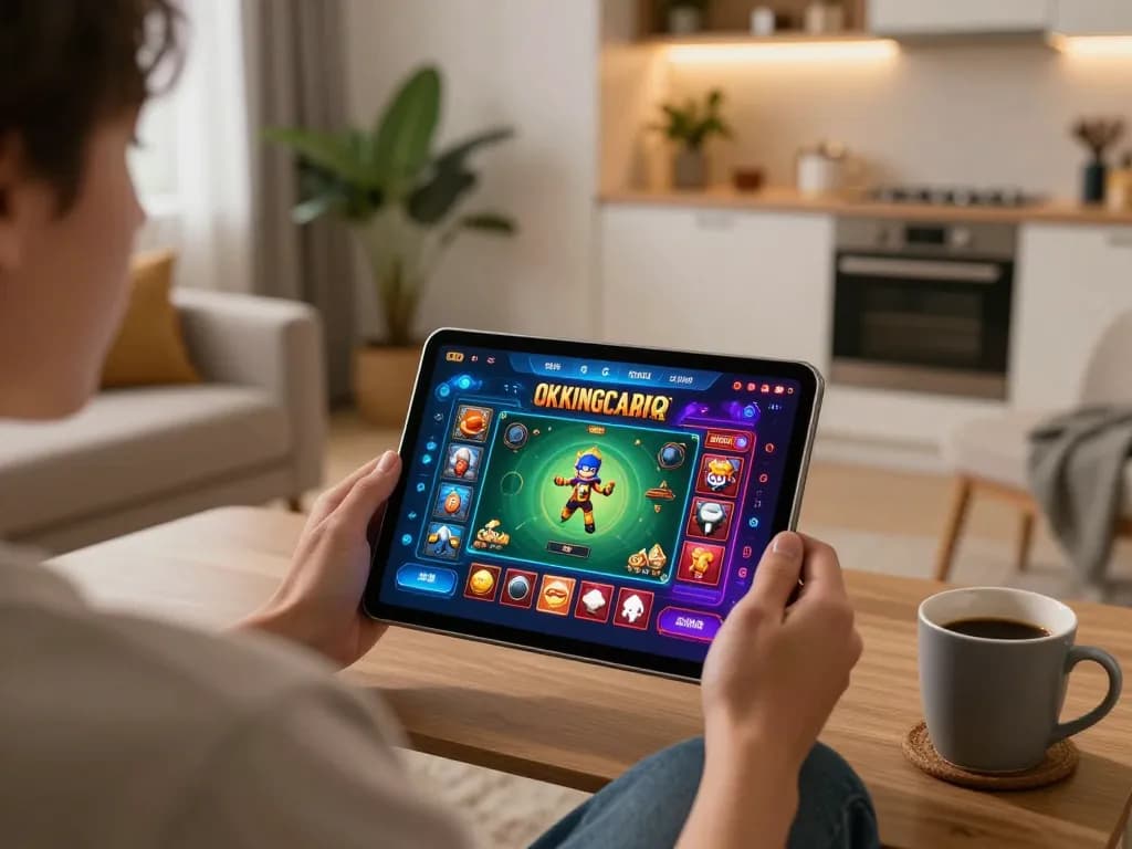 Engaging with the OKKING casino app for an immersive online gaming experience at home.