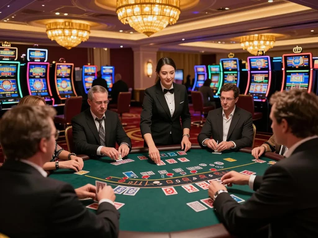 MAX88 players making strategic moves at a blackjack table in an upscale casino.