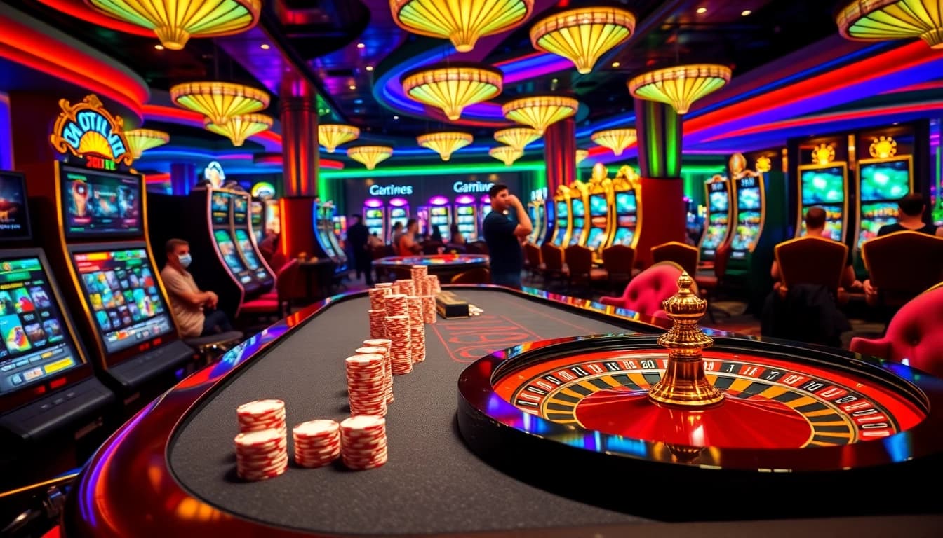 Exciting casino scene featuring players at 789P betting tables with poker chips and roulette wheels.