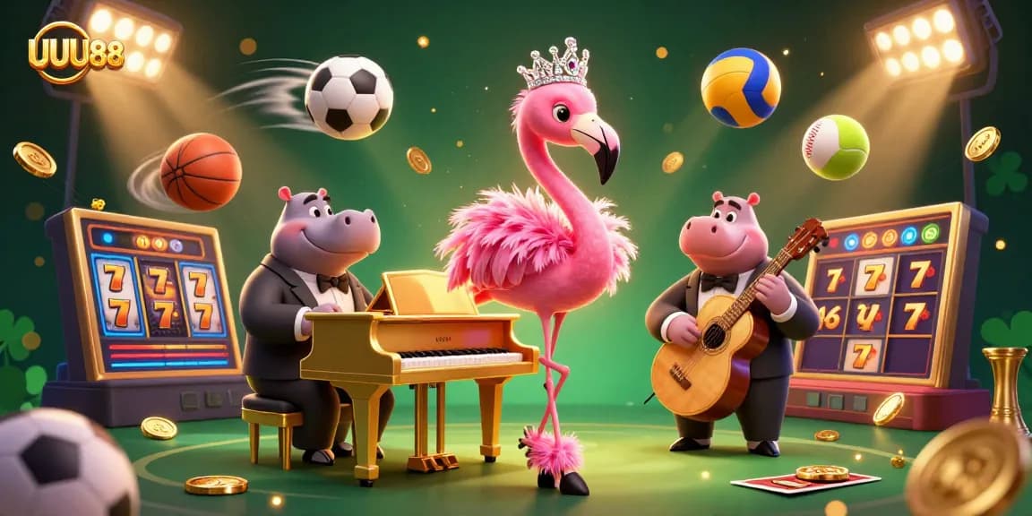 Engage with UUU88 through an exciting casino scene featuring vibrant characters and dynamic betting elements.