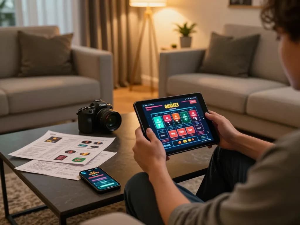 Engaging with the goal123 online casino on a tablet, showcasing responsible gaming at home.