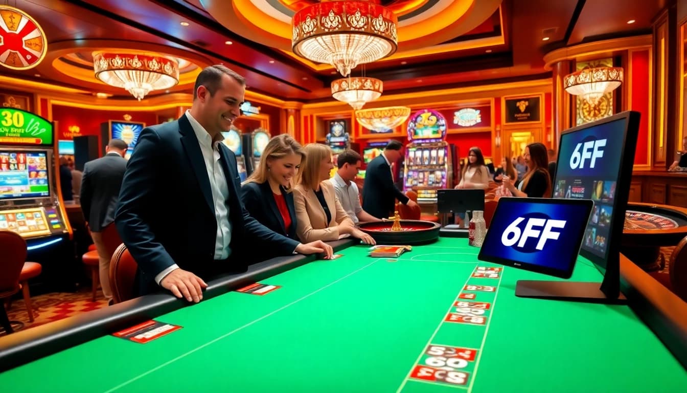 Experience thrilling gaming at 6FF casino with poker tables and vibrant slot machines.