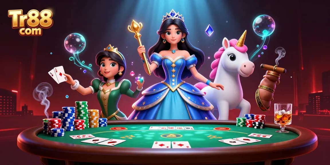 Engage with Tr88 com at a vibrant casino scene featuring glamorous characters and dynamic poker elements.