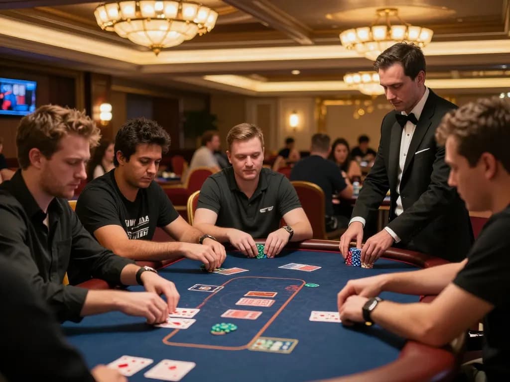 Experience the excitement of Nhà Cái FB88 with players engaging at a luxury poker table in a vibrant casino atmosphere