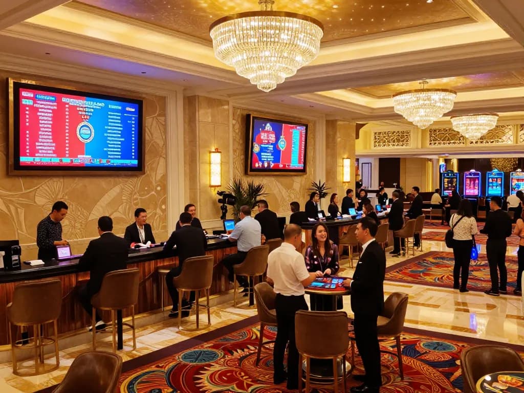 Visitors exploring the trang chủ cm88 casino lobby with vibrant promotions and elegant decor.