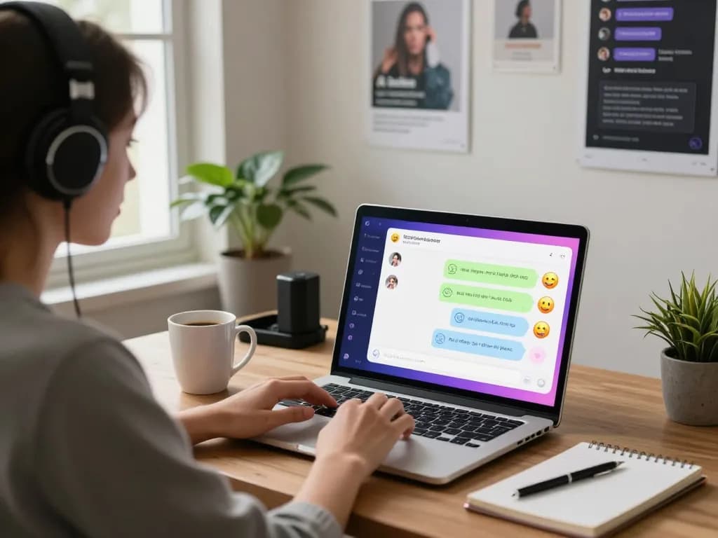 Interactive ai sex chat experience in a cozy home office setting with vibrant digital interface.