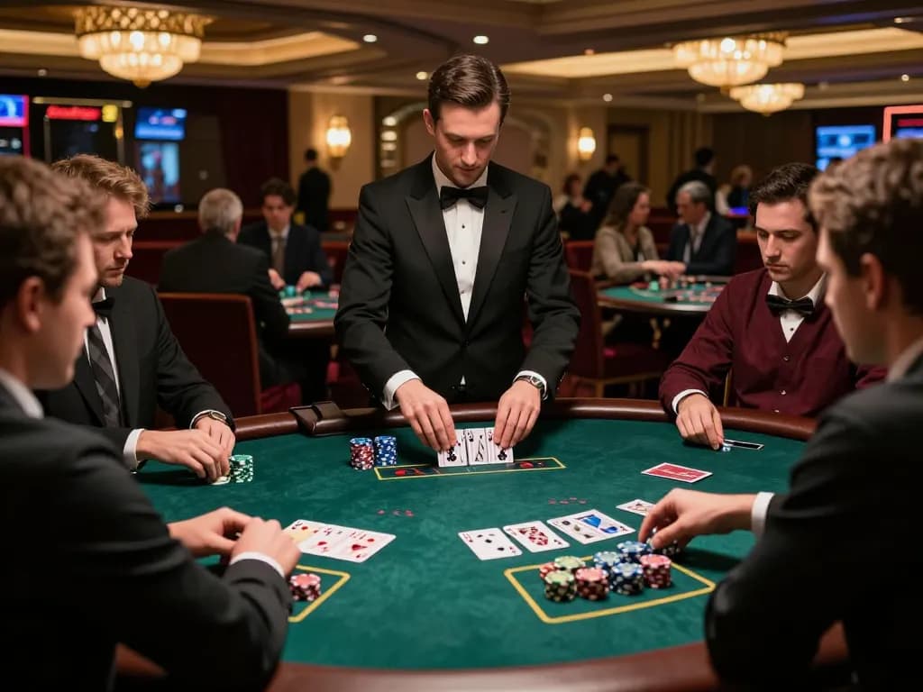 LIGA2000 players strategizing their next moves in an upscale blackjack game