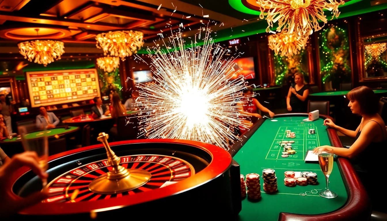 Celebrating the explosion of a prize-winning lottery amidst a luxurious casino atmosphere.