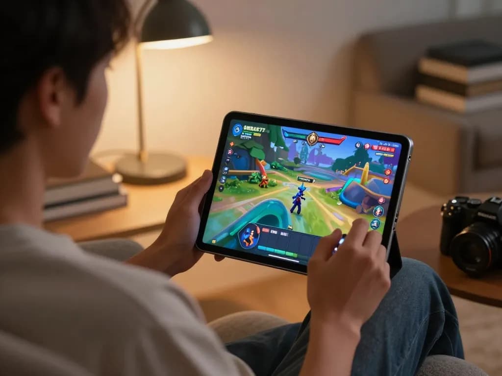 Terlibat dalam sesi permainan online OMBAK77 yang menarik di tablet dalam suasana rumah yang nyaman.