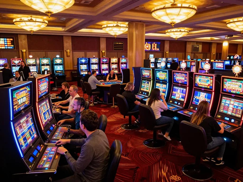 Players enjoying slot machines and poker tables at a lively trang casino