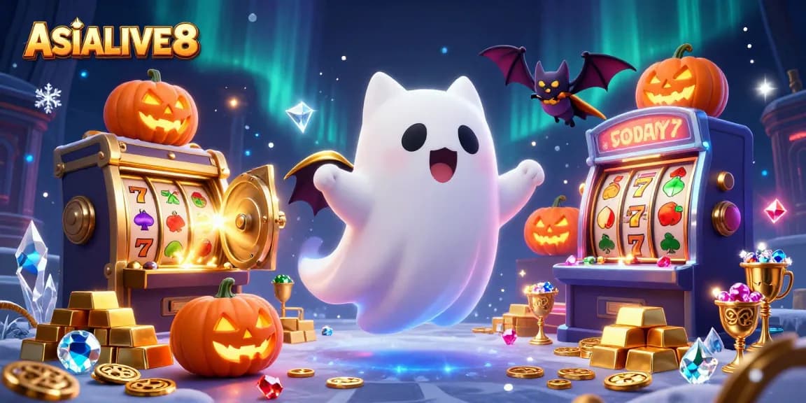 Spin the reels with ASIALIVE88 in this vibrant, haunted casino scene filled with treasures.