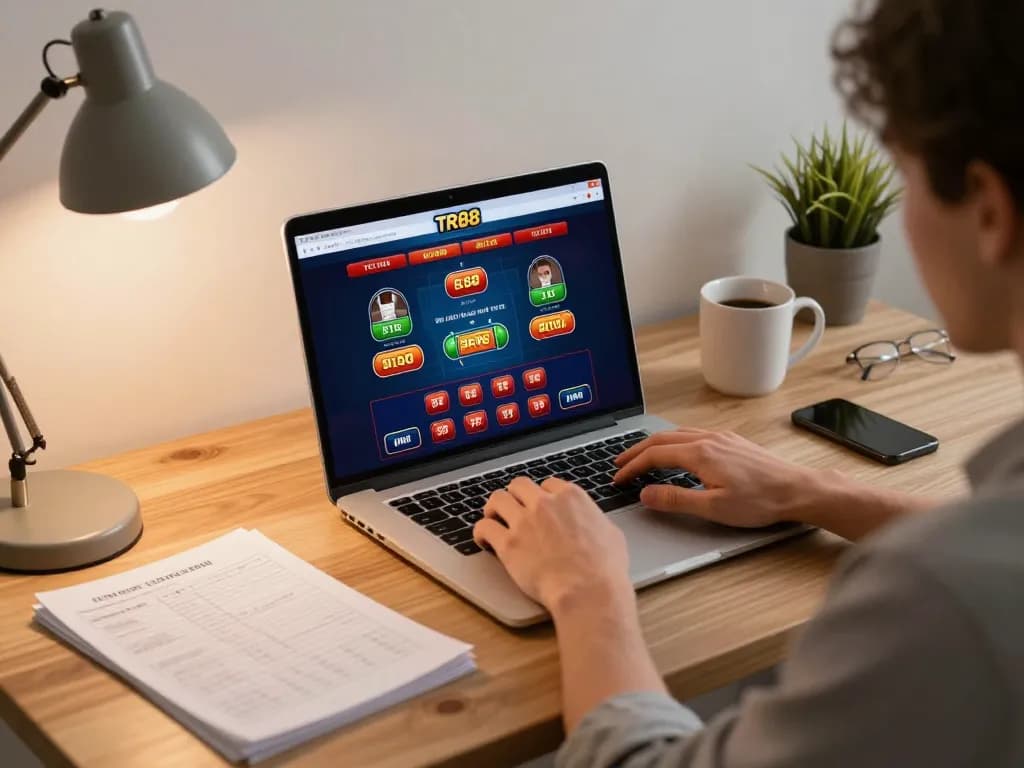 Player strategizing with TR88 casino interface on laptop, showcasing online gambling focus.