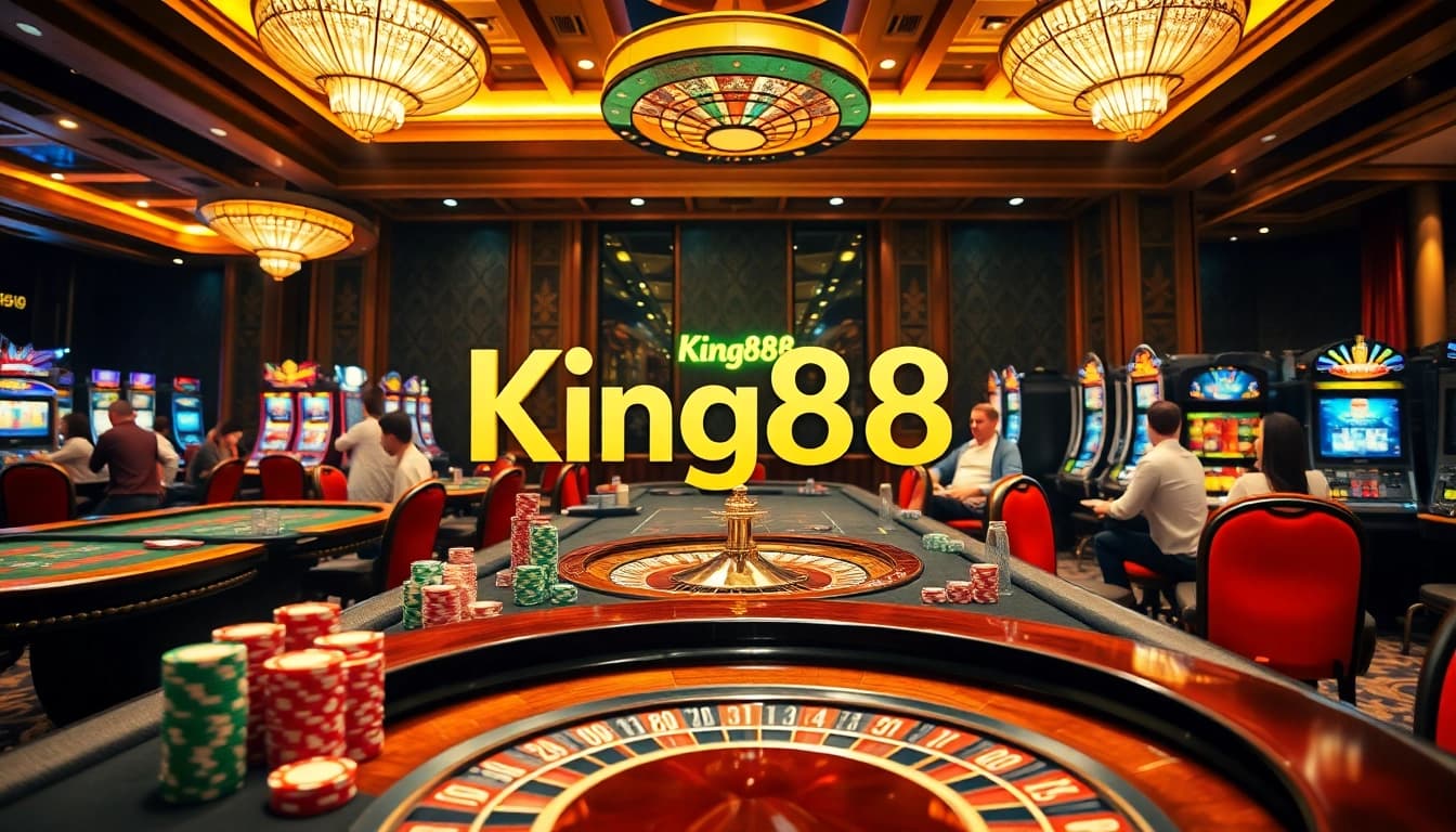Players enjoying thrilling games at King88 casino with vibrant tables and dynamic slot machines.