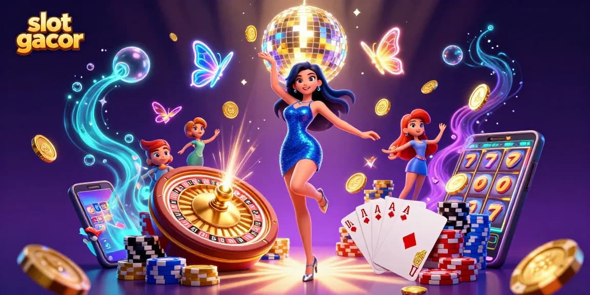 Rasakan sensasi slot gacor dengan simbol berwarna-warni dan permainan dinamis dalam ilustrasi kasino yang menawan ini.