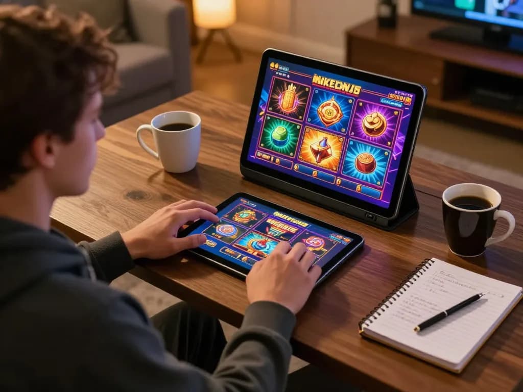 FAFA 828 player actively engaging in online slot games on tablet, showcasing game strategy and comfort