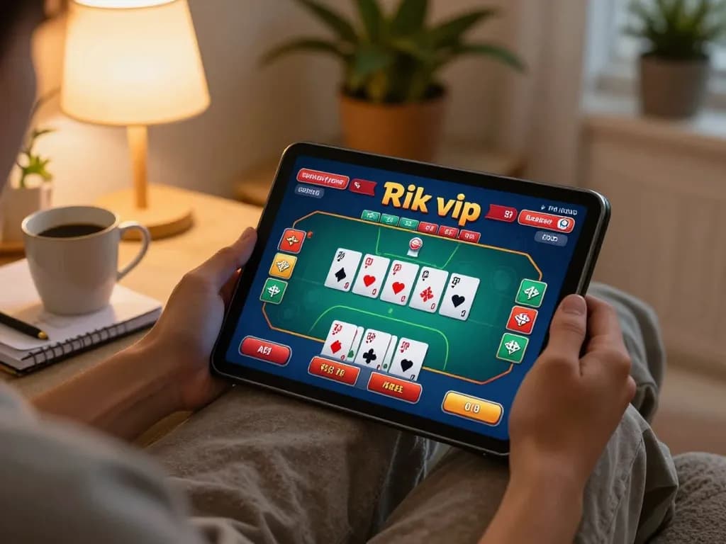 Engaging gameplay on rik vip online casino with a player enjoying poker on a tablet in a cozy home setting