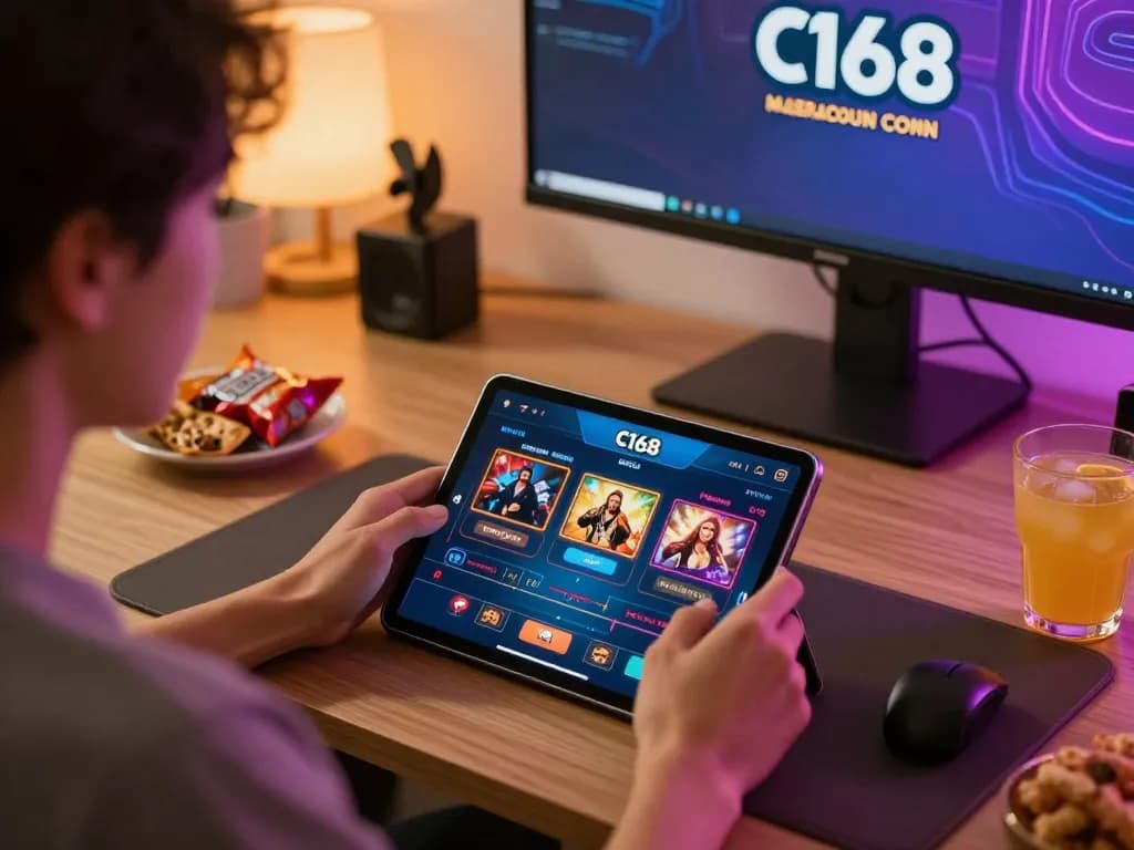 Player engaging with c168 com app on tablet in cozy home office, showcasing responsible gaming.