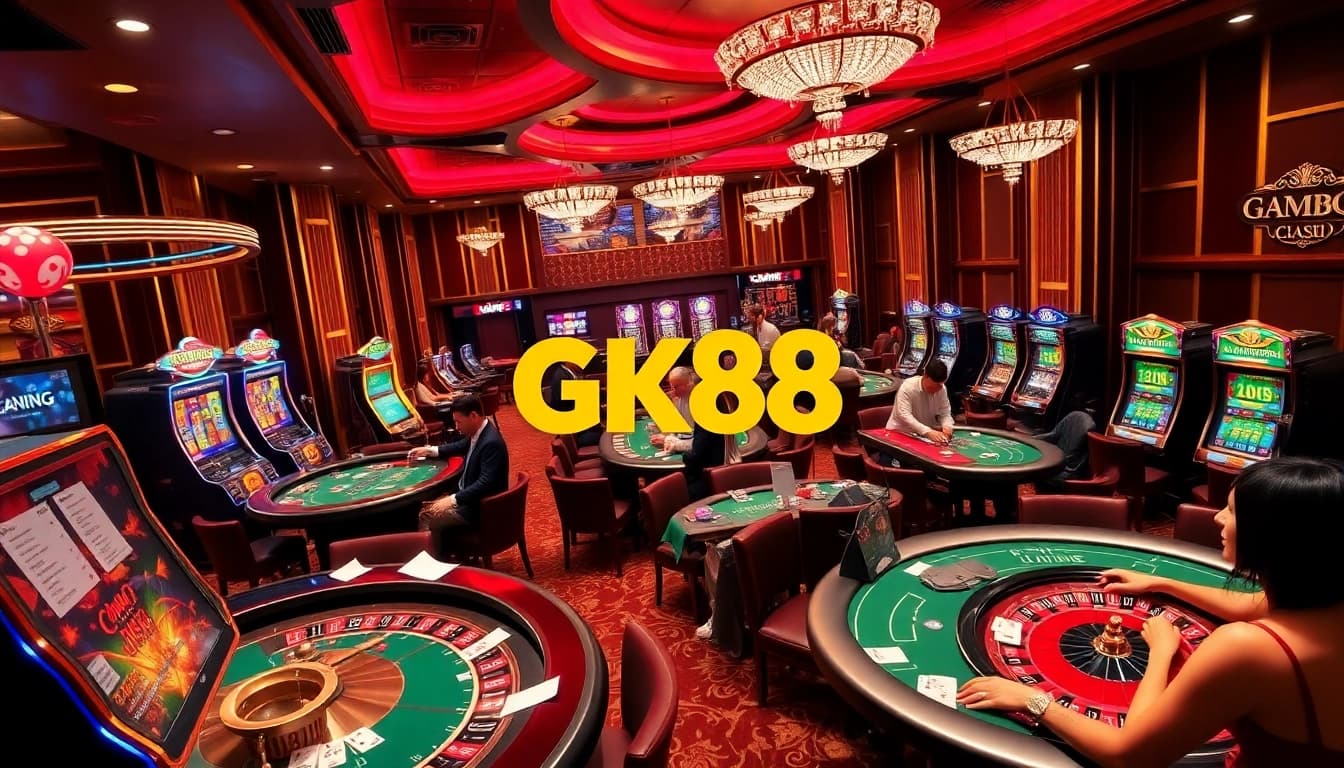 Engage in thrilling gambling action at https://gk88.bond/ with vibrant casino scenes featuring tables and players.