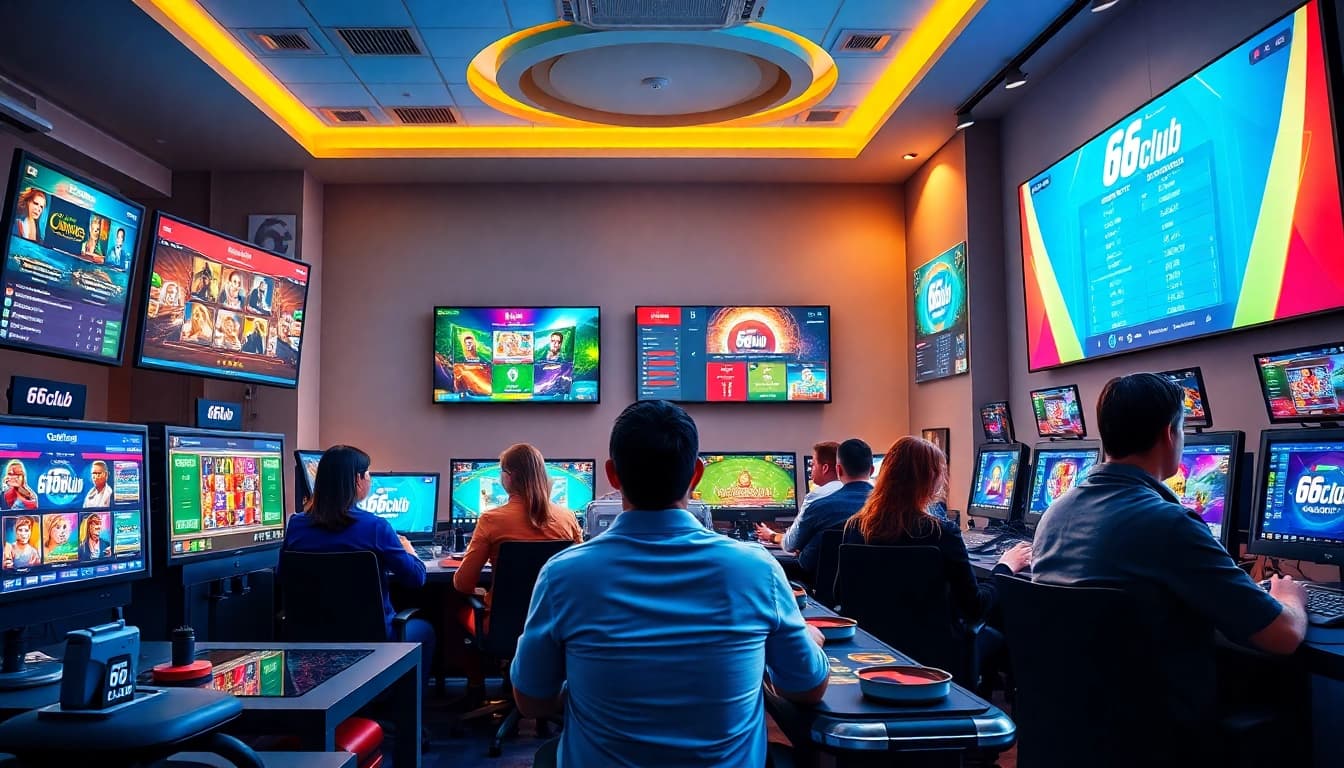 Engaging online gaming scene showcasing players at 66club with vibrant game graphics.