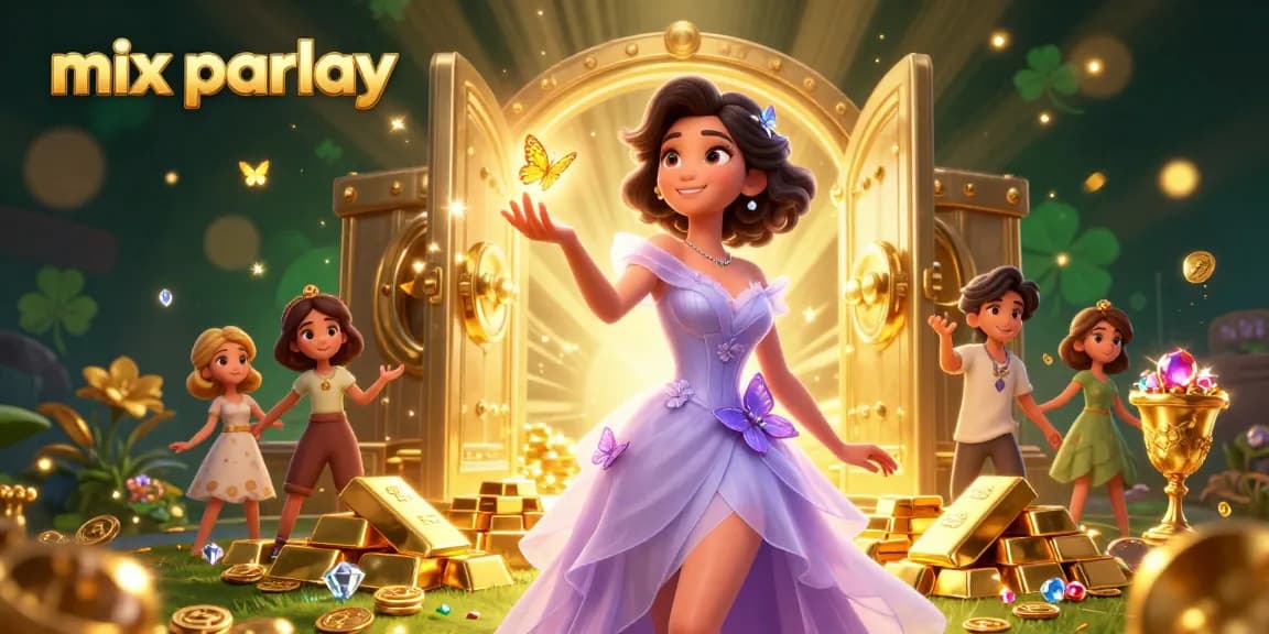Engage in mix parlay betting with an enchanting scene of an Asian woman amidst treasures and vibrant elements.