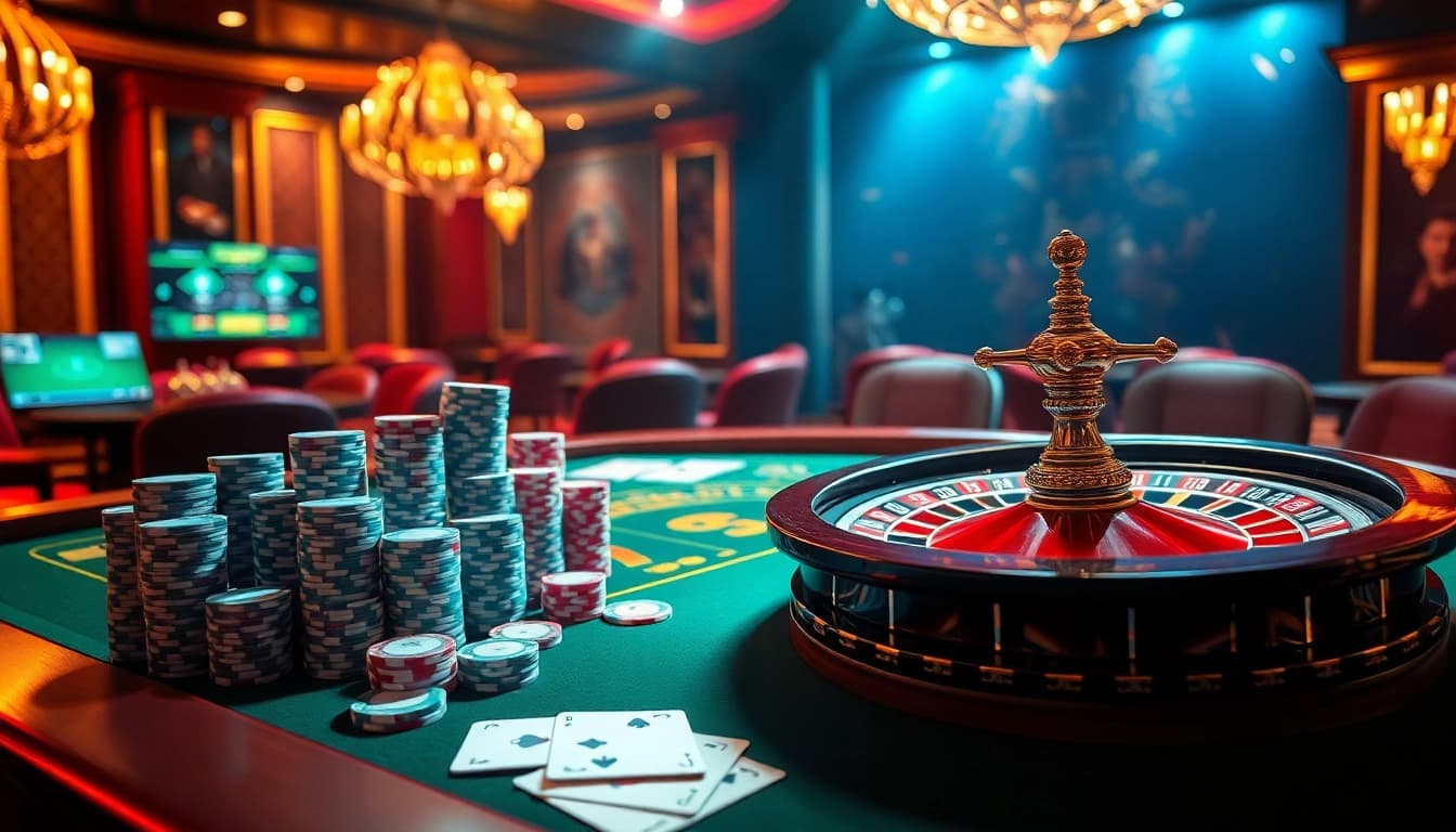 Exciting casino scene featuring rr888 gaming elements including poker, roulette, and slots.