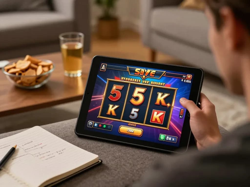 Engaging in slot 5k gameplay on a tablet at home, showcasing vibrant graphics and strategic notes.