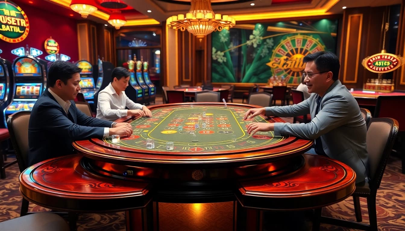 Tài xỉu md5 gameplay at an elegant casino table, showcasing excitement and strategy in a luxury setting.