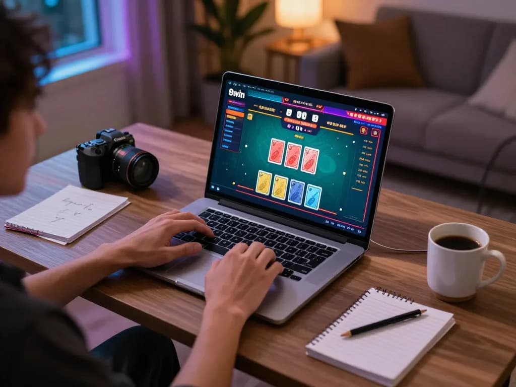 A user engages with 98win com live dealer game on a laptop in a cozy home setup.