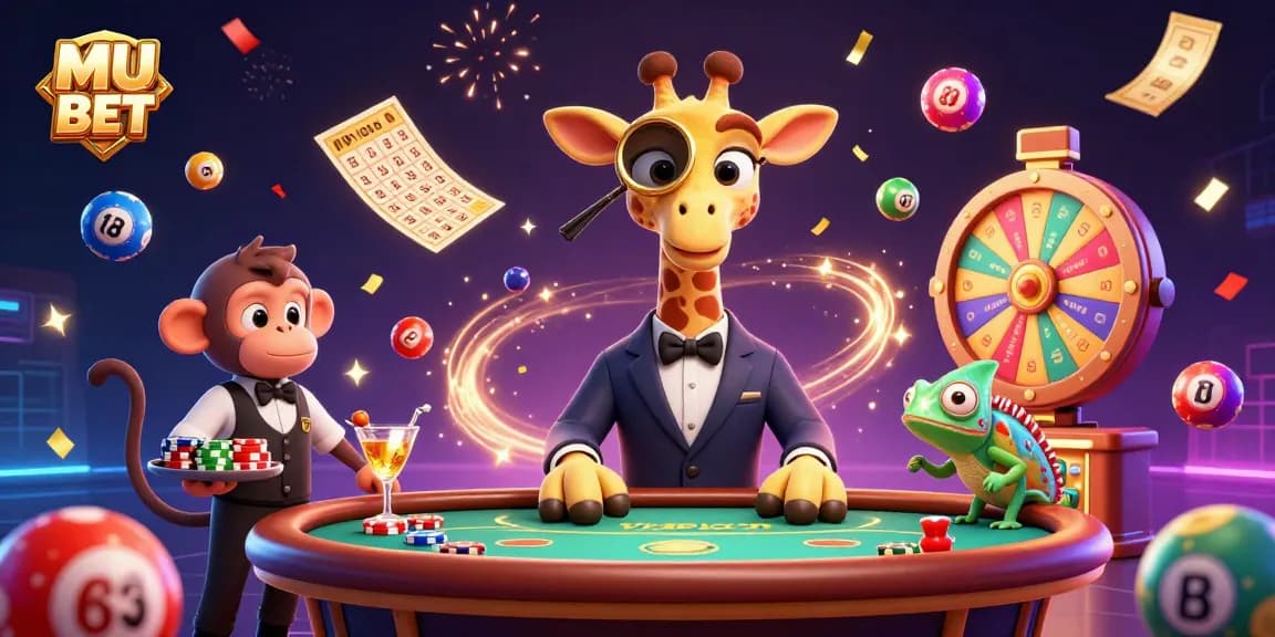 Watch the MU BET giraffe high-roller alongside a monkey valet and chameleon bartender in vibrant casino action.