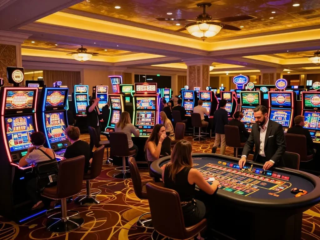 Excited players engaging at Nhà cái 789win bright casino floor during a thrilling gaming session.