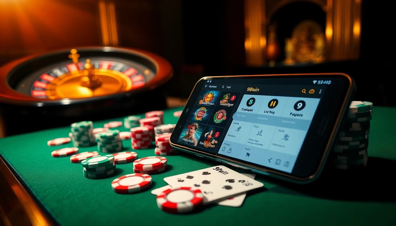 Exciting gameplay on the 99win app showcasing poker chips, cards, and a roulette wheel.