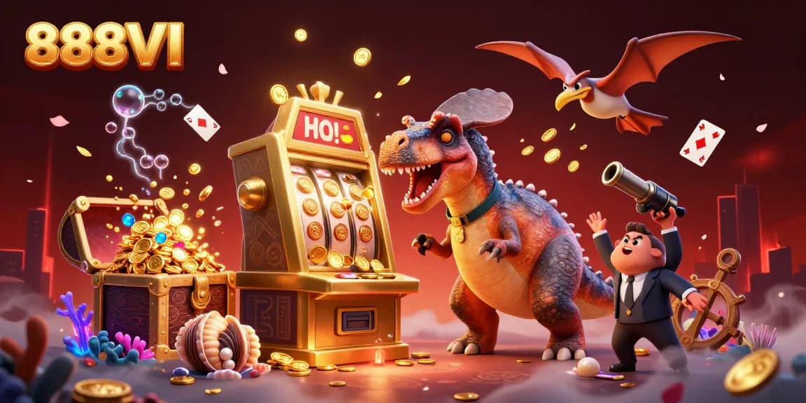 888VI showcases a pachycephalosaurus winning jackpot coins in a vibrant casino scene.
