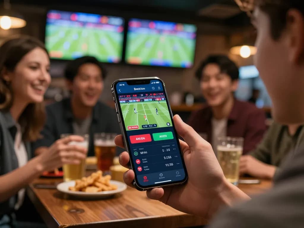 Engaging sports betting app display showcasing tỷ lệ kèo nhà cái 5 in a lively social environment.