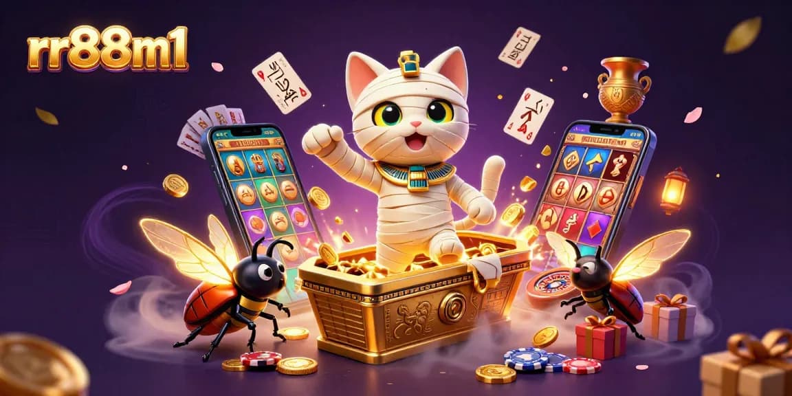 Win big at rr88m1 with a dynamic scene featuring an Egyptian mummy cat and exciting casino elements.