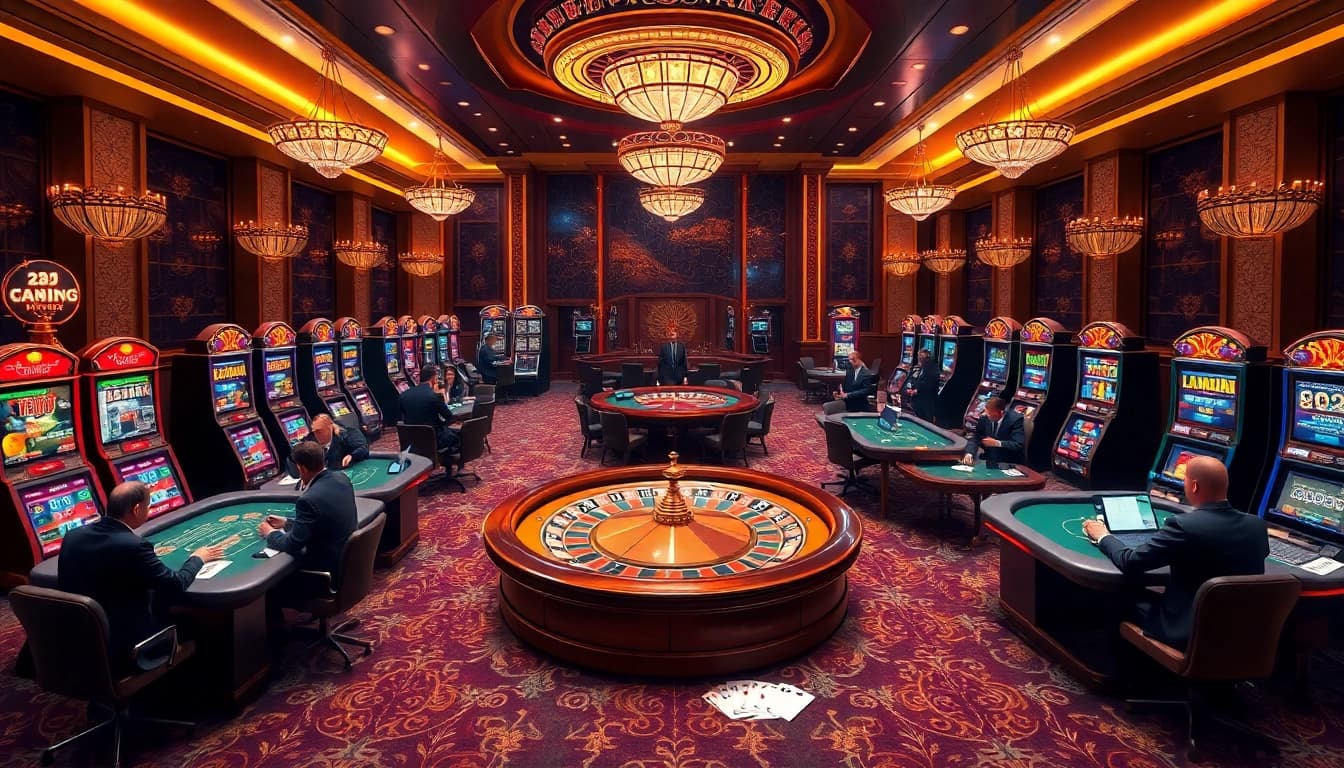 High-stakes poker players engaging in a professional game at Nhà cái uy tín open88's luxurious casino.